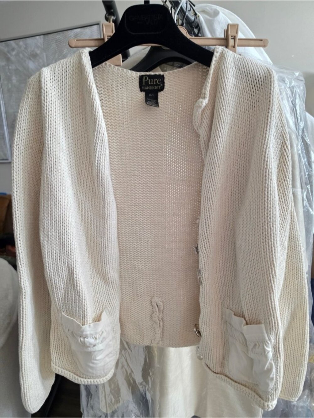 Pur Handknit Cream Open Cardigan Sweater Mismatched Buttons Accent Medium Large